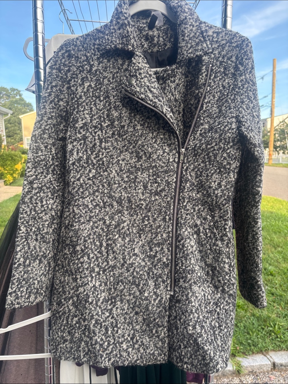 Divided Black & White Bouclé Asymmetrical Zip Peacoat